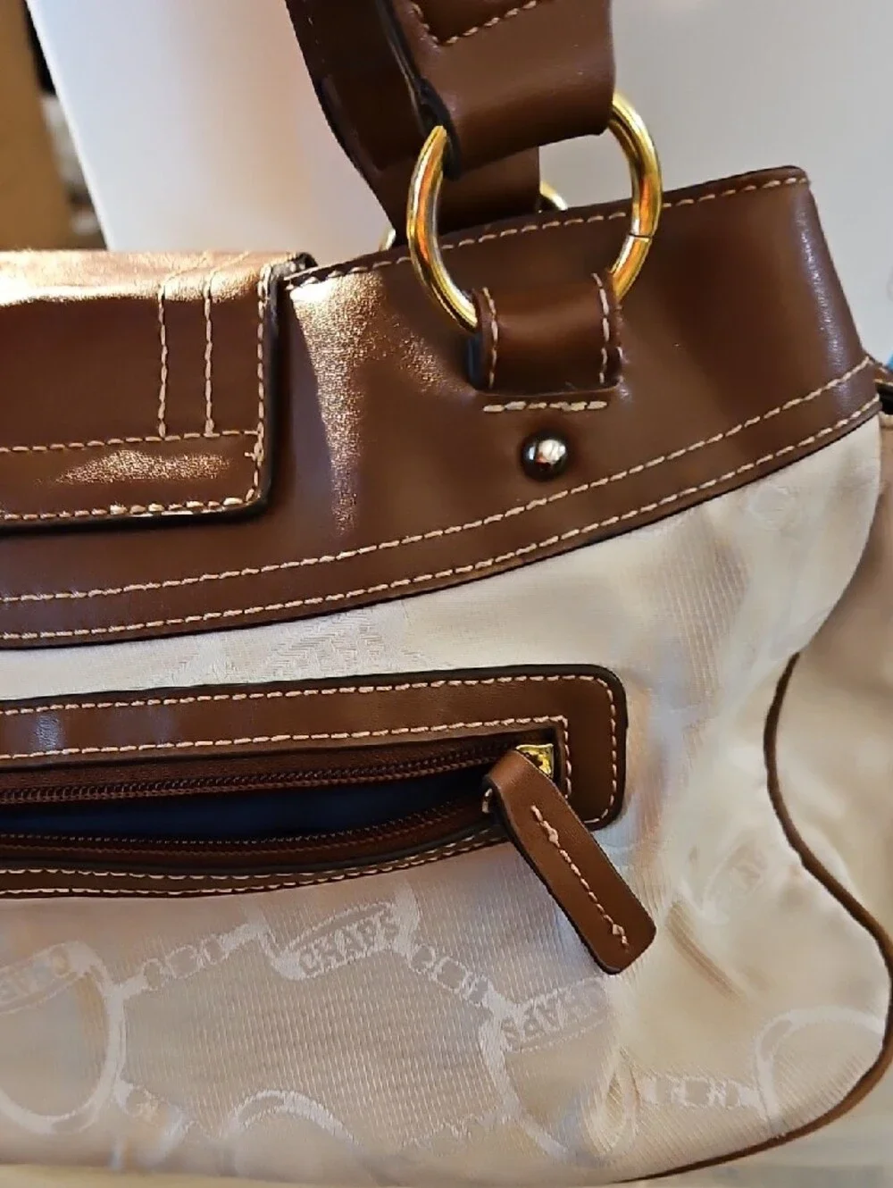 Chaps Brown and Cream Top Handle Purse with Gold-Tone Hardware Z3